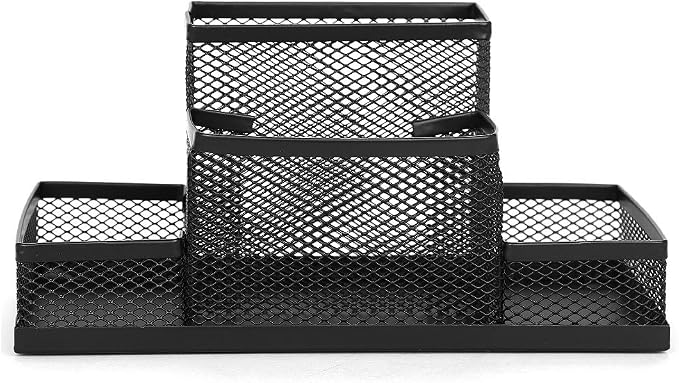 Mesh Desk Organizer for Office Mesh Pen Holder with 4 Compartments Desktop Stationery Holder Office Supplies Caddy with Sticky Notes Holder Mesh Basket Organizer Storage Black Mesh Pencil Holder