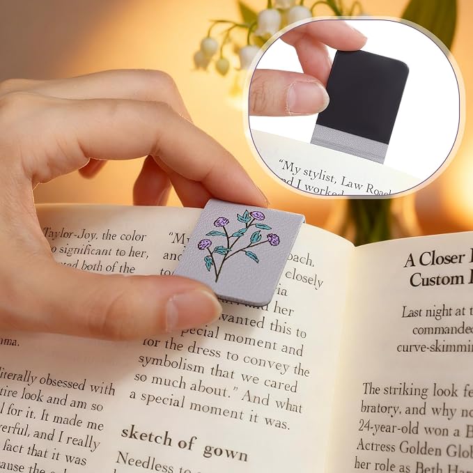 Hsei 6 Pcs Magnetic Leather Bookmark Floral Magnet Leather Book Marker Clips Accessory Women Flower Cute Reading Gifts for Bookworm Lovers Mother's Day Birthday Teacher's Appreciation Gift(Morandi)