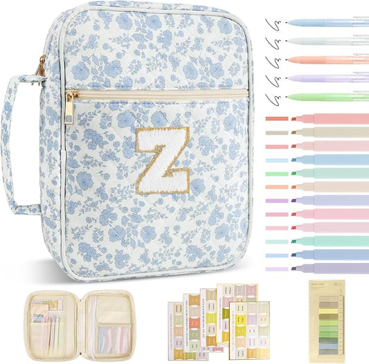 Personalized Initial Bible Cover Case for Women Girls Kid - Large Quilted Bible Case with Handle,Chenille Letter Bag Study Supplies,Christmas Gifts for Christians Birthday Graduation(Blue Flower-Z)