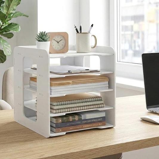 Desk Organizer, 5-Tier File Organizer for Desk, Letter Tray Paper, Desktop Document Sorter for Letter, File Folder Holder with Pen Holder for Office, Home or School- White MLT001W5