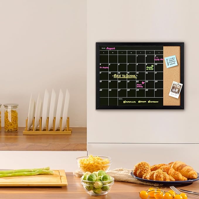 Combination Calendar & Memo Board, Magnetic Surface Monthly Calendar, Wall Mountable, Decorative Black Wood Framed(R-ZHYL-BK,4333)