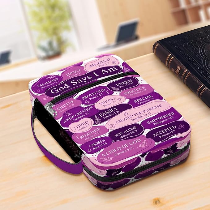 God Says I Am Bible Cover for Women with Handle and Zipper Pocket, Christian Scripture Case for Girls, Inspirational Purple Bible Bag, Fits Standard Size, Faith Gift for Mom, Church