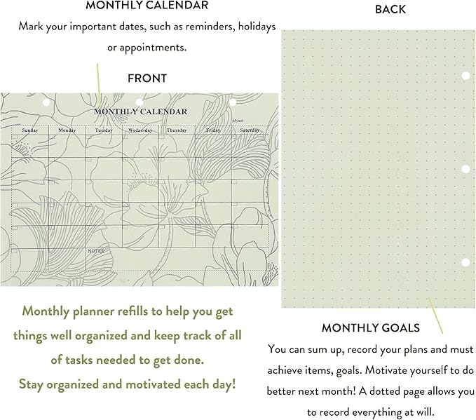 180+28 Mini 3 Ring Binder Paper for 5.5 x 8.5, 3-Hole Loose Leaf Lined Refill Filler Paper with Undated Monthly Calendar Refillable Planner Inserts, College Ruled