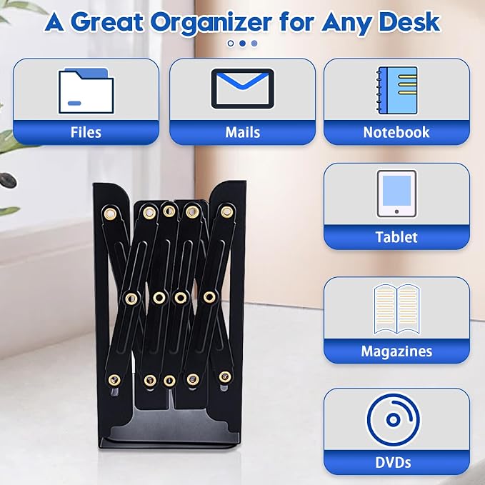 2PCS Heavy Duty Book End to Hold Books, Adjustable Bookends Book Holder for Shelves, Decorative Book Organizer for Desk, Sturdy & Flexible - Metal Book Ends Binder Holder for Tabletop