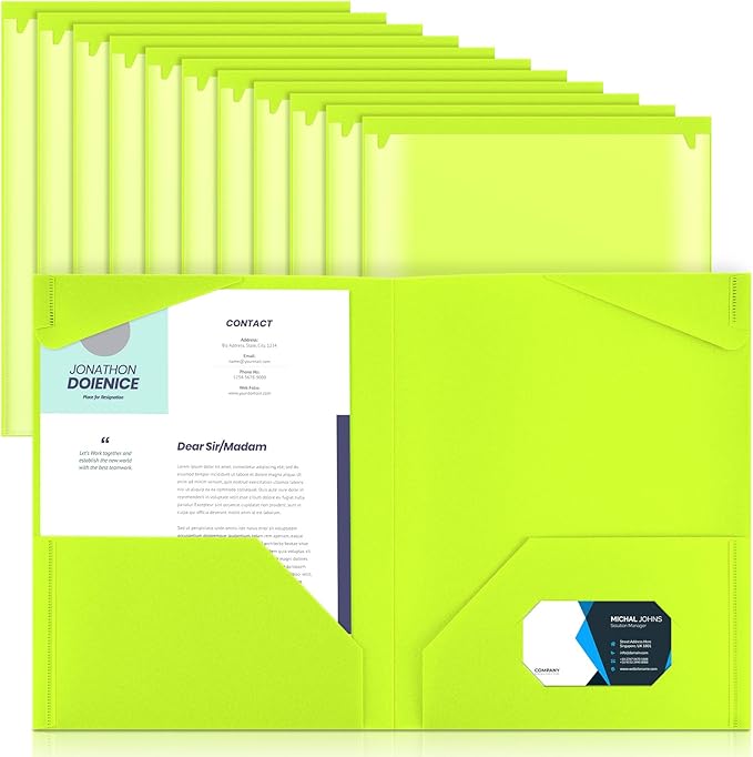 Henoyso 18 Pack Fluorescent Green Plastic Folders with Clear Front Pockets Heavy Duty File Folders with 2 Pockets and Card Slot for Student Communication School Office Presentation Report