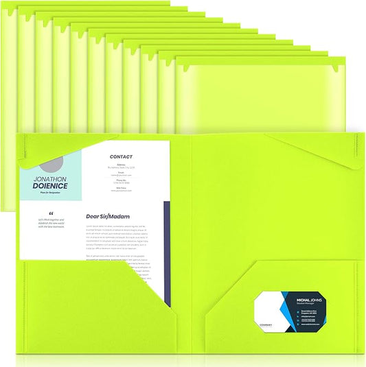 Henoyso 18 Pack Fluorescent Green Plastic Folders with Clear Front Pockets Heavy Duty File Folders with 2 Pockets and Card Slot for Student Communication School Office Presentation Report