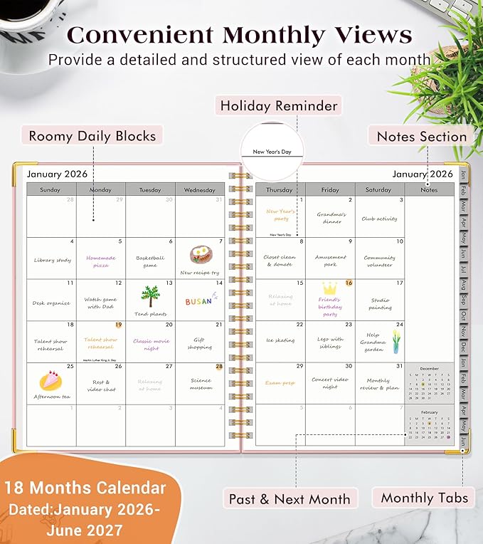 Planner 2026-2027, 18 Months Weekly and Monthly Hardcover Planner, January 2026 - June 2027, 5.75" x 8.38" A5 Daily Calendar Planner Book with Tabs, Spiral Yearly Agenda Organizer Notebook for School Work Home, Pink