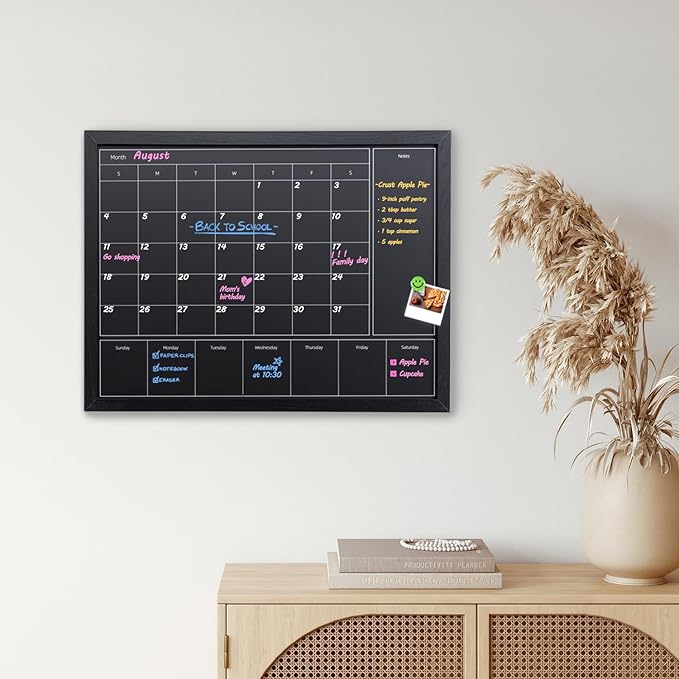 3-in-1 Chalkboard Calendar for Wall, Magnetic Monthly & Weekly Calendar, 22.8x16.9 inches Blackboard for Wall with Black Wood Frame, Hanging Chalkboard for Decor/Memo(YL+ZL-HB-BK,4358)
