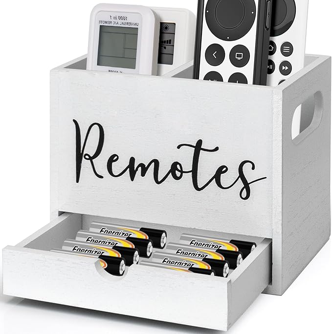 Remote Control Holder, 2 Slot TV Remote Holder& Desk Organizer with Drawers, Remote Organizer Caddy for Table, Wooden Remote Box for Nightstand,Media Storage Box for Living Room, Bed (White)