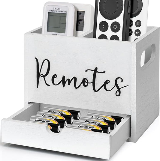 Remote Control Holder, 2 Slot TV Remote Holder& Desk Organizer with Drawers, Remote Organizer Caddy for Table, Wooden Remote Box for Nightstand,Media Storage Box for Living Room, Bed (White)