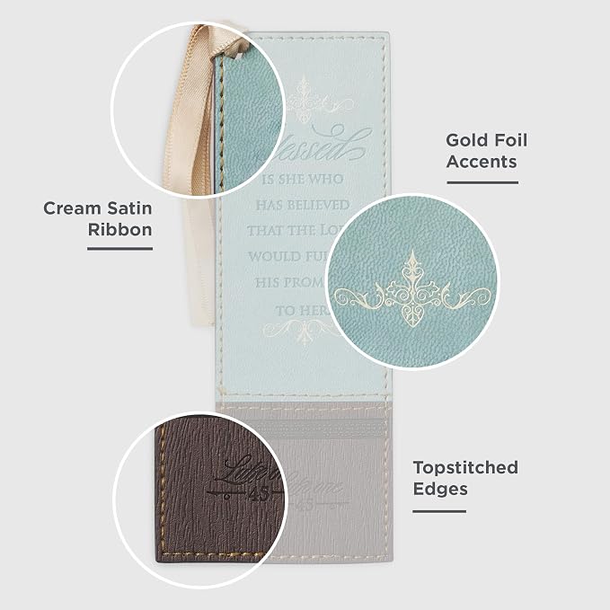 Christian Art Gifts Vegan Faux Leather Scripture Bookmark for Women: Blessed is She - Luke 1:45 Inspirational Bible Verse Heat-Debossed, Faith-Based Reading Book Accessory w/Ribbon Satin Tassel, Blue
