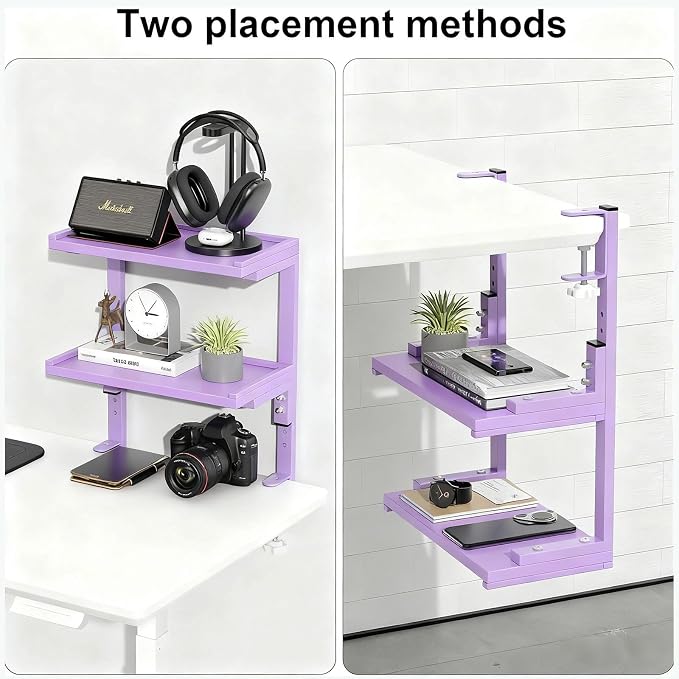2-Tier Desk Shelf, Expandable Under Desk Storage, Clamp on Desk Shelf, Desktop Accessories for Offices, Study Rooms, and Game Rooms (Purple)