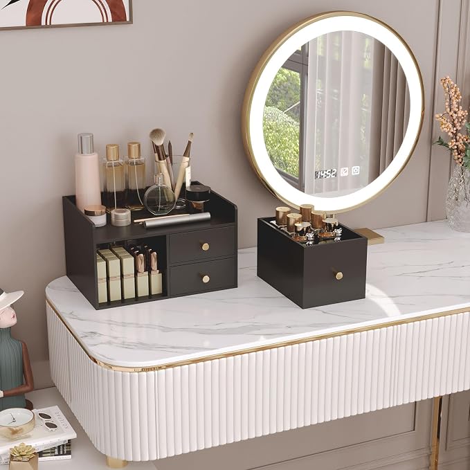 Bamboo Desk Organizer with Drawers Wooden Desktop Storage Organization Box for Bills Office Supplies Kitchen Utensils Organizing Tool for Home Classroom Vanity, No Assembly Required (Black, 3 Drawers)
