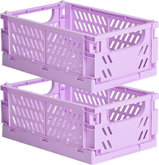 HUUSMOT 2-Pack Small Pastel Plastic Storage Baskets, Collapsible Crates for Organizing, Space-Saving Mini Bins for Classroom, Kitchen, Office, Bedroom (Purple, 9.8" x 6.5" x 3.8")