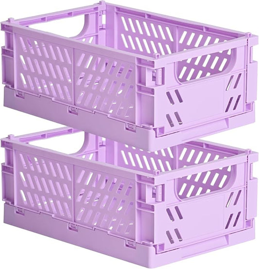 HUUSMOT 2-Pack Small Pastel Plastic Storage Baskets, Collapsible Crates for Organizing, Space-Saving Mini Bins for Classroom, Kitchen, Office, Bedroom (Purple, 9.8" x 6.5" x 3.8")