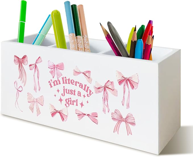 Inspirational Pink Bow Motivational Pen Holder for School Home Office Desk Decor, I'm Literally Just a Girl Wooden Pencil Holder Sign Organizer for Home Office Desk Accessories, Pink Gifts for Girl