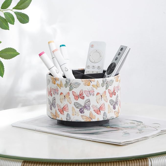 360 Degree Rotating Remote Control Holder for Table, PU Leather Spinning End Table Organizer Caddy, Cute Remote Control Caddy for Office Supplies, Makeup Brushes, Butterfly PH130