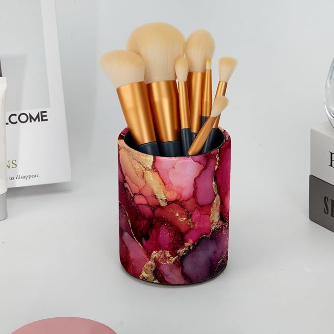 Leather Pen Holder for Desk, Pink Marble Makeup Brushes Holder Pencil Cup Multifunctional Desktop Organizer Caddy for Home School Office Desk Accessories