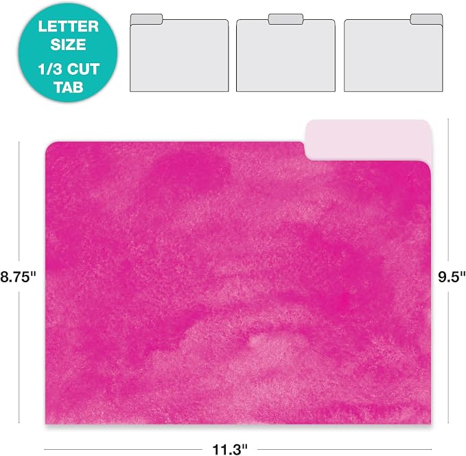 Global Printed Products Deluxe Designer Printed File Folders, 1/3 Cut Tab, Assorted Positions, Letter Size, 24/pk (Watercolor Solid)