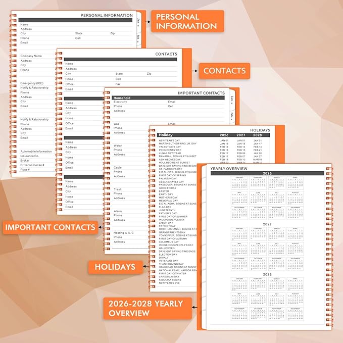 Monthly Planner 2026-2027 - JUL 2026 - DEC 2027, Monthly Calendar 2026-2027, 18 Month Planners with Tabs & Pocket & Label, Contacts and Passwords, 9" x 11", Thick Paper, Twin-Wire Binding - Orange