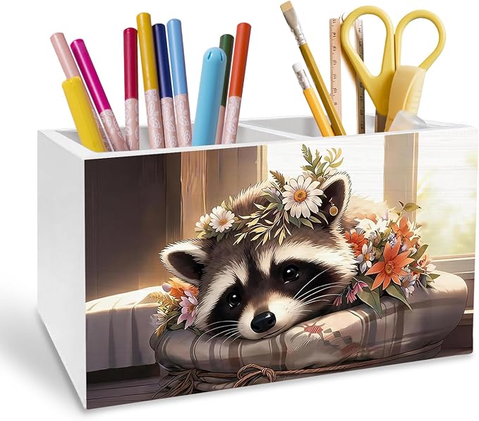 Rustic Raccoon Pen Holder for Desk, Gifts for Raccoon Lovers Pencil Organizer, Farmhouse Floral Trash Panda Wooden Box Sign Desk Decor for Home Office Decoration