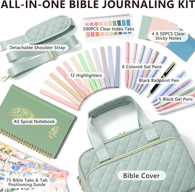 Bible Cover Case for Women, Large Bible Bag Bible Study Supplies Accessories Journaling Kit with Highlighters Tabs, Quilted Book Carrying Cases with Shoulder Strap, Christian Easter Gifts for Women