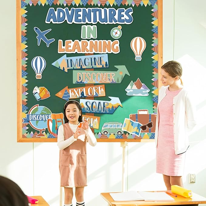 Adventures in Learn Bulletin Board Set Let The Adventure Begin Moving Mountains Classroom Decorations Travel Theme Bulletin Board Let's Explore Voyage Motivational Paper Cutouts for Classroom Decor