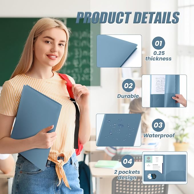 Gueevin 100 Pack Plastic Folder with Pockets, 2 Pocket Folders, Plastic Glossy Folders Fit Letter Size Paper, Heavy Duty Durable File Folder with Business Card for Home Office School (Blue Grey)