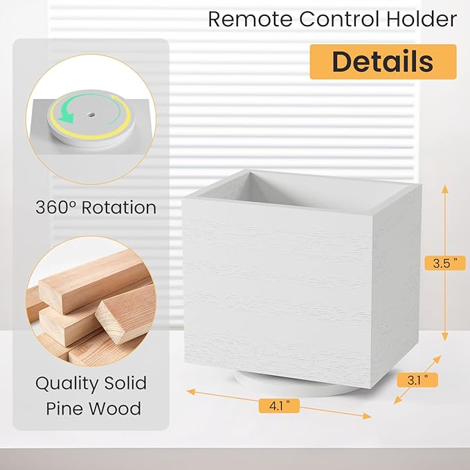 360° Rotating Remote Control Holder, Wooden TV Controller Holder, Remote Holder for Table, Desktop Caddy for Pen, Phone, Small Item Home Office School (White)