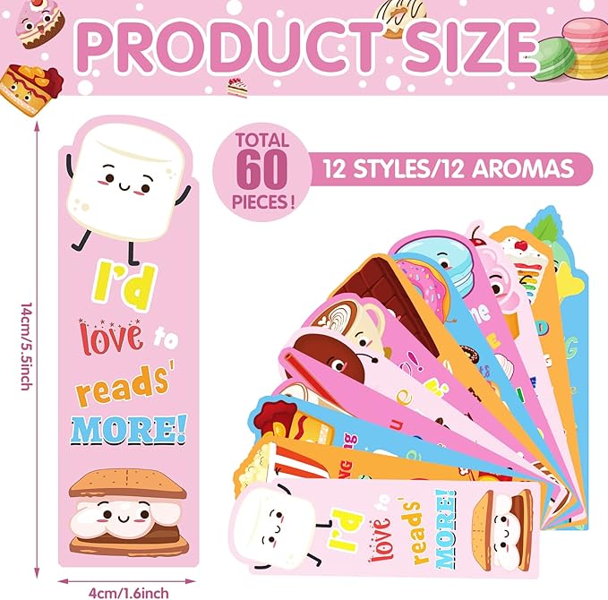 Fainne 60 Pieces Dessert Scented Bookmarks Kids Bulk Scratch and Sniff Classroom Valentines Day Back to School Bookmarks Gift Stuff for Students Christmas End of Year Graduation Birthday Favor