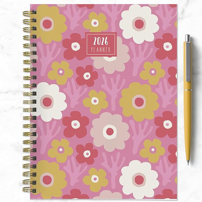 TF Publishing 2026 Pink Pretty Petals Medium Weekly Monthly Planner with 12-Month Calendar Grid and Task Tracker - Vertical Weekly Schedule Planner with Habit Tracker and Stickers - 6.5in x 8in