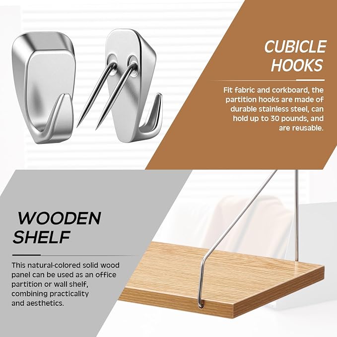 2 Pack Fabric Wall Cubicle Shelf with 40 Lbs Metal Hooks for Wall Decor, 11.8'' Solid Wooden Hanging Organizer Storage Shelf with Hangers Cubicle Accessories for Women Men Desk Office