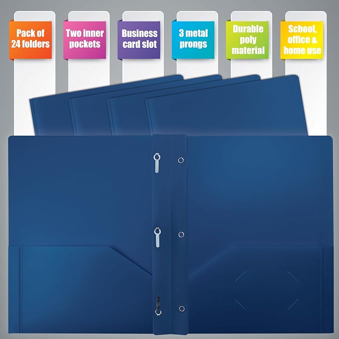 Heavyweight Blue Plastic 2 Pocket Portfolio Folder, Letter Size Poly Folders by Better Office Products, 24 Pack, Royal Blue (with prongs)