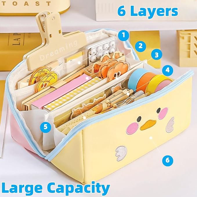 Cute Kawaii Pencil Case Pouch with Handle Cartoon Animal Large Capacity Pen Box Holder Organizer for Office Workspace Supplies Desk Accessories Travel Essentials Trendy Gift (Yellow Duck)