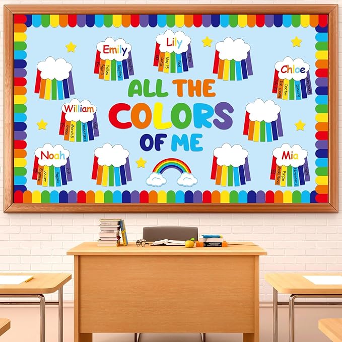 QOUBAI Rainbow Bulletin Board Set Rainbow Welcome Themed Classroom Bulletin Board Decorations Summer Cloud Star Cutouts Classroom Decorations for Back to School Office Home Chalkboard Decor Wall Door