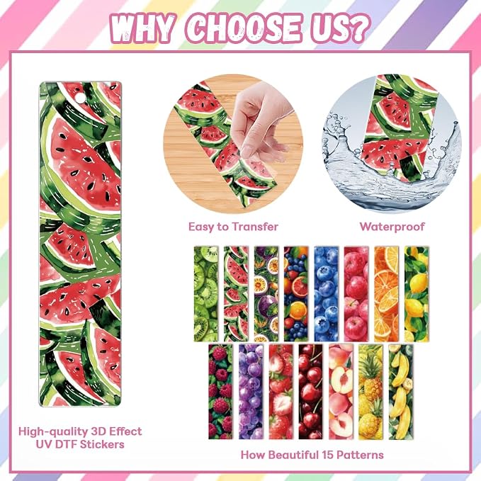 Peacoblue 30pcs UV DTF Bookmarks Transfer Stickers Wraps Fruit Series for Women Men Reading, Waterproof Bookmarkers Decal(No Blank Bookmarks) for Acrylic Plastic Metal Blank Bookmark