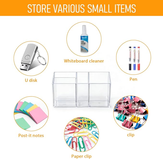3-Piece Acrylic Pen Holder with Magnetic Sheets, Magnetic Dry Erase Marker Holder, Clear Marker Organizer Locker Organizer, Pen Organizer for Office Supplies, Makeup Brushes - No Assembly