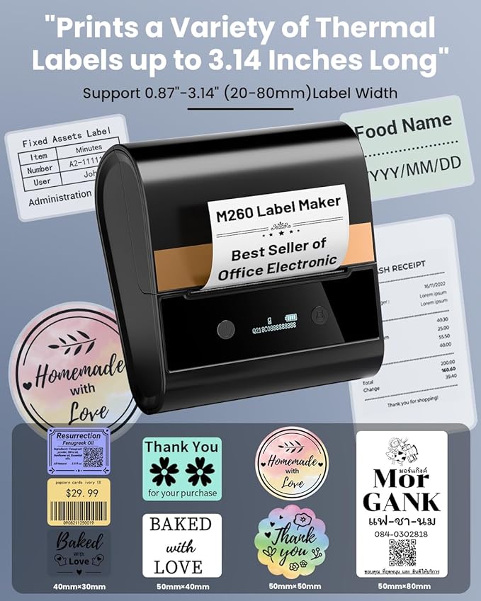 Memoking Label Maker - M260 Barcode Label Printer + 3 Roll 3.14" (50x80mm) Labels