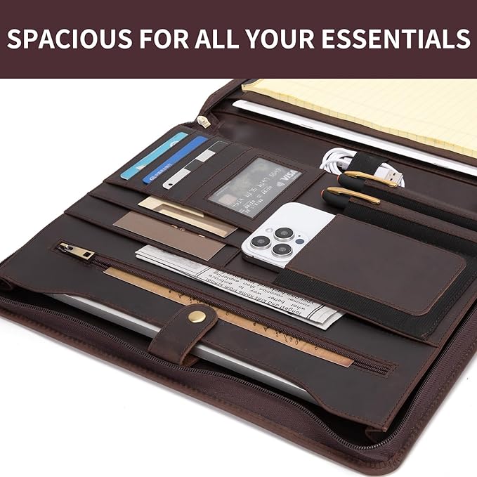 Personalized Genuine Leather Portfolio for Women and Men, Custom Engraved 8.5 x 11 Legal Padfolio, Zippered Notebook Laptop Organizer, Business Executive Folio for Work, Dark Brown