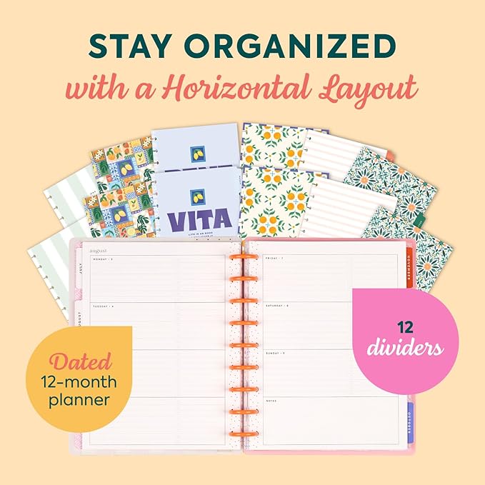Happy Planner Disc-Bound Planner July 2026–June 2027, Includes 3 Extra Months and 2 Sticker Sheets, Classic Size, 7" x 9.25", Horizontal Layout, Coastal Cottage