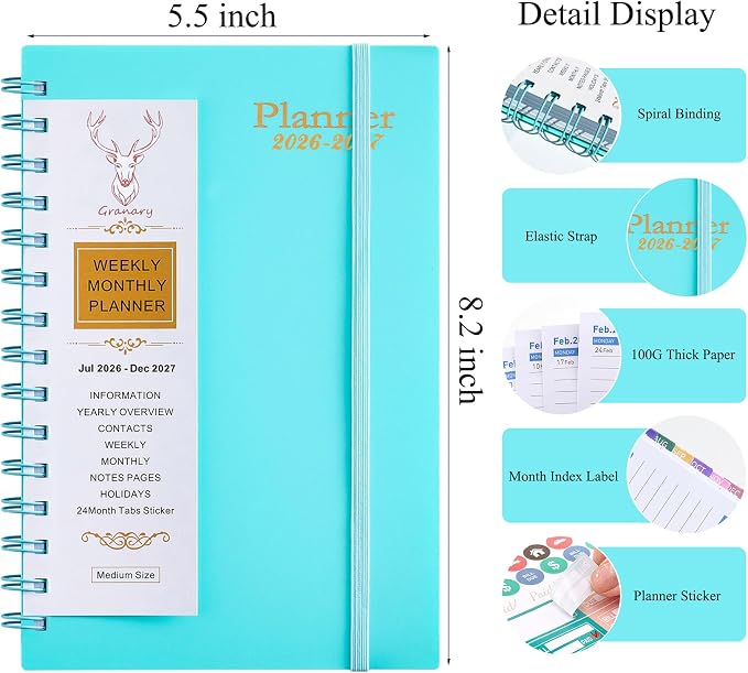 Planner 2026-2027, Weekly and Monthly Planner 2026-2027 Academic Year (July 2026-June 2027), 18 Months Calander Planner, Daily Agenda Book for School Student, Teachers, Office Supplies, Home, 8.2"×5.5" (JUL.2026-DEC.2027 Light Blue)