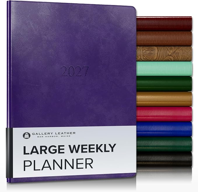 Gallery Leather Large Weekly Monthly Planner 2027, Elegantly Bound Calendar Planner and Notebook with Stylish Gold-Gilded Page Edges, 12 Months - Acadia Plum - 9.75x7.5"