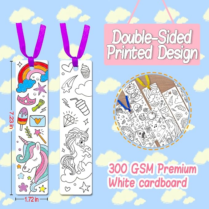 48 PCS Cute Bookmarks for Kids Bulk DIY Coloring Blank Color Your Own Bookmarks for Kids Teacher Classroom Party Game Prize Art Craft Birthday Supplies Reading Club Rewards