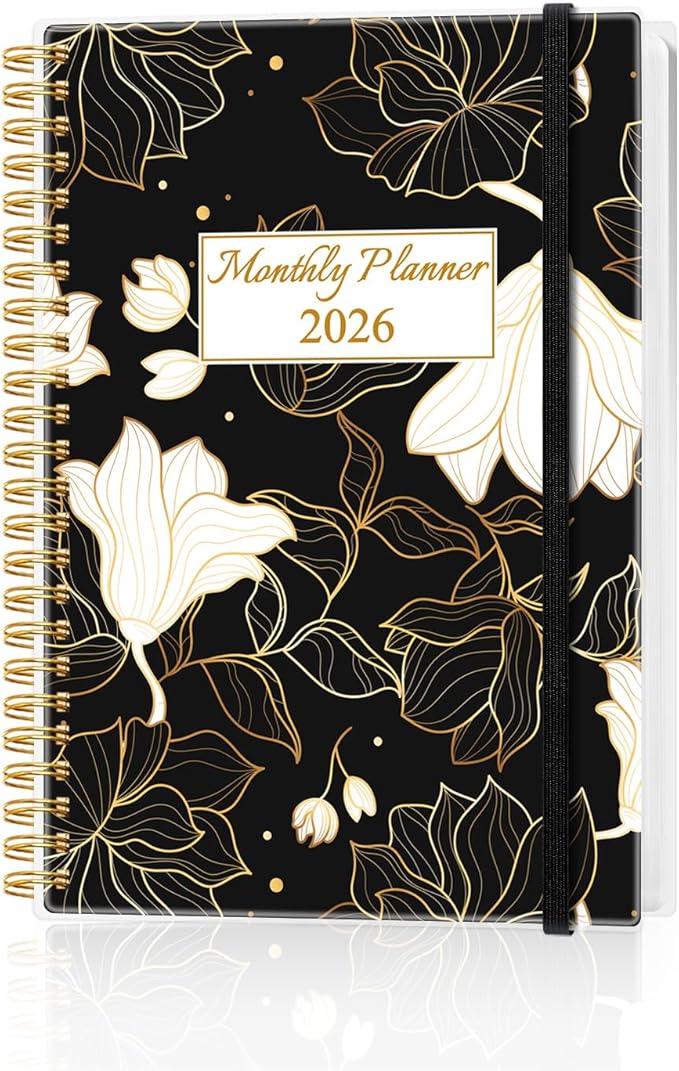Monthly Planner 2026 - Monthly Calendar from January 2026 to December 2026, 2026 Planner with Inner Pocket, Elastic Band, 5.8" x 8.5", White Gold Flower