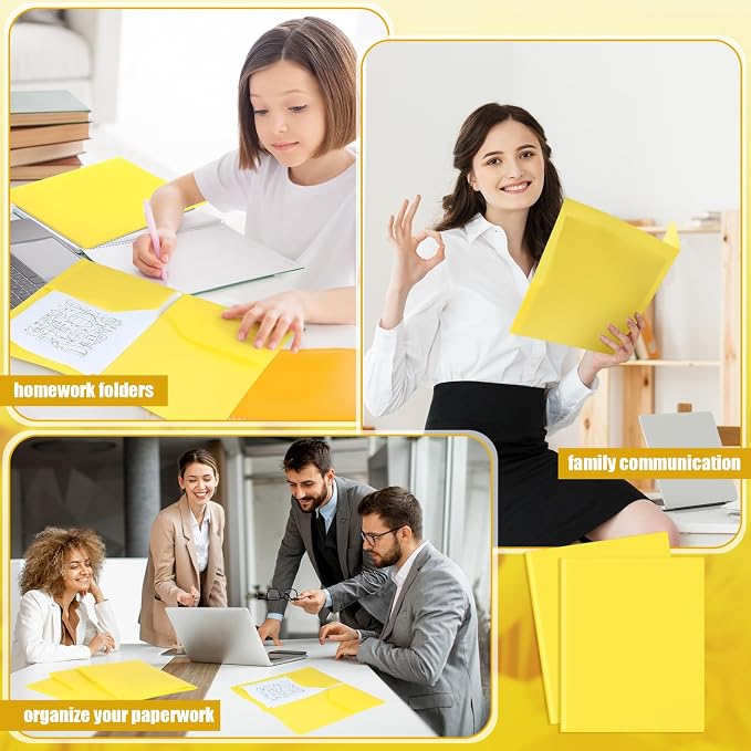 Gueevin 100 Pack Plastic Folder with Pockets, 2 Pocket Folders, Plastic Glossy Folders Fit Letter Size Paper, Heavy Duty Durable File Folder with Business Card for Home Office School (Yellow)