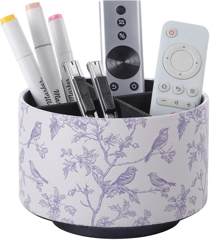 Rotating Remote Control Holder, 360 Spinning Desk Organizer Caddy for Coffee Table, Living Room & Nightstand, PU Leather TV Remote Caddy, Pen Pencil Holder for Desk, Blue Bird PH127