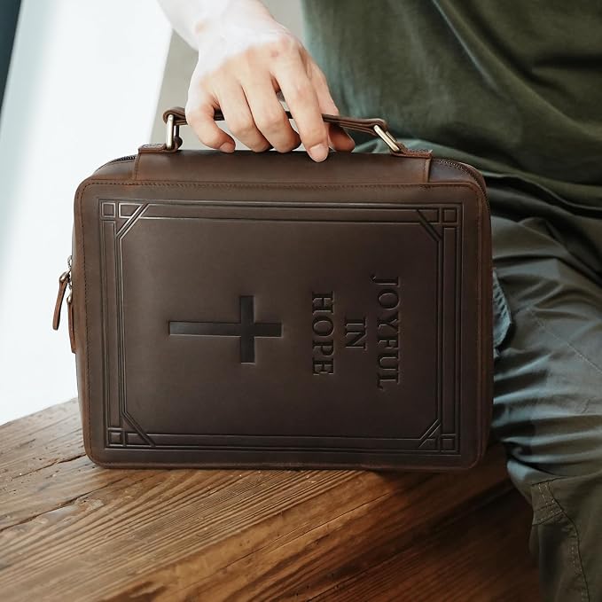 Polare Full Grain Leather Bible Cover Church Bag Carrying Book Case Bible Protective with Handle and YKK Zipper 11.2x8.25x2.3 inch Christian, Religious Gifts for Men