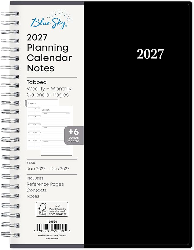 Blue Sky 2027 Weekly and Monthly Planner Calendar Notes, Includes January 2027 - December 2027, 5.875" x 8.625", Flexible Cover, Wirebound, 30 Extra Notes Sheets, Laminated Tabs, Enterprise