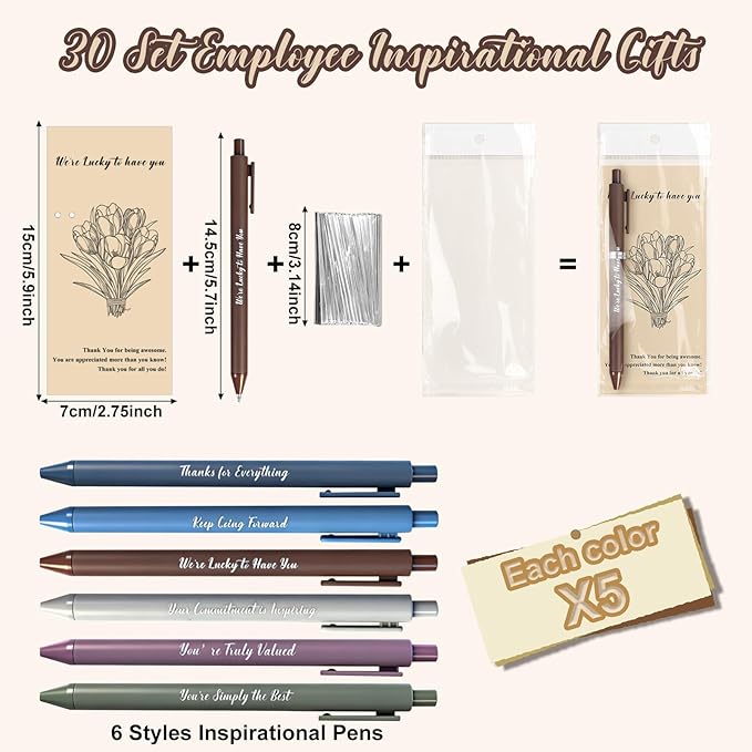 Auch Employee Appreciation Gifts Bulk, 30 Sets Inspirational Quote Pens with Floral Thank You Cards, Motivational Gifts for Coworkers, Teachers, Staff and Team (Grey)