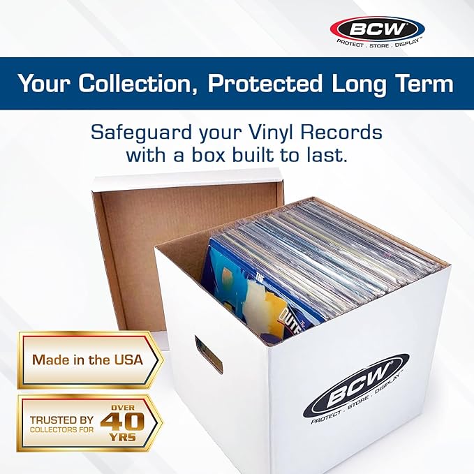 BCW Vinyl Record Storage Boxes – 2 Pack | Holds 65 LPs Each | Stackable Vinyl Record Storage Box with Reinforced Bottom & Handles | Archival Record Organizer for 12-Inch Albums, DJs & Collectors